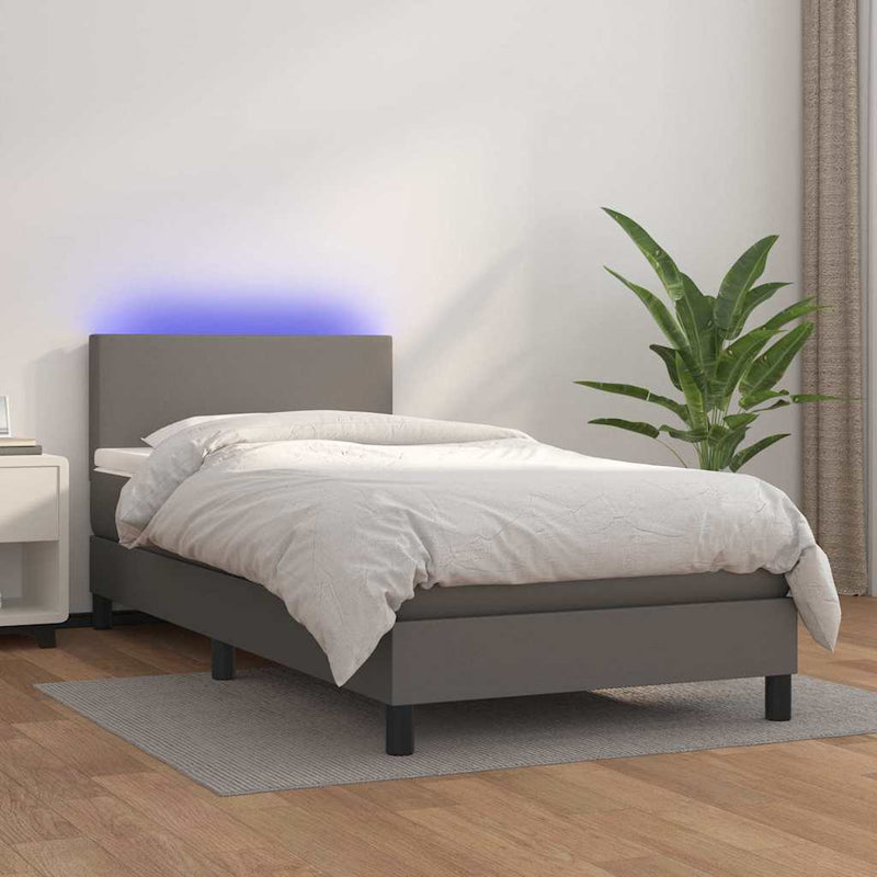 Pat cu arcuri, saltea și LED, gri, 90x200 cm, piele ecologică