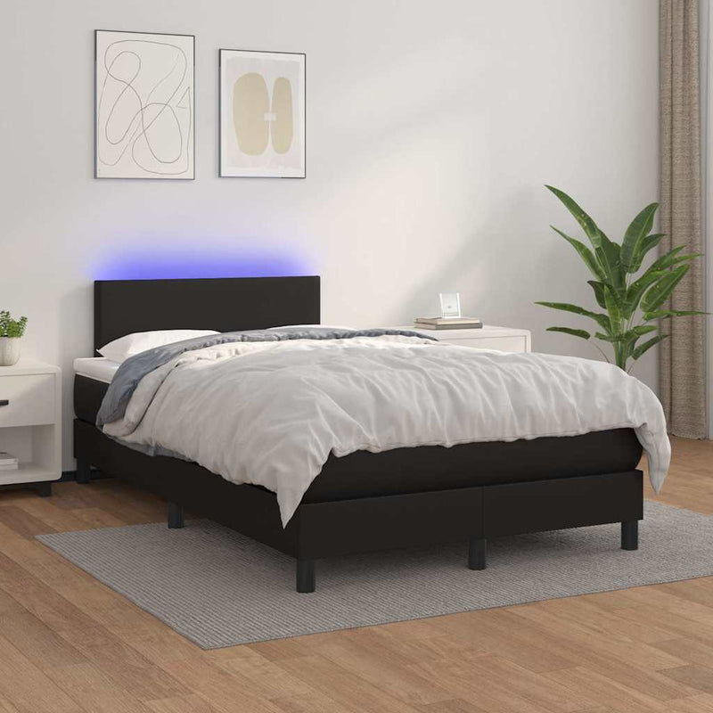 Pat cu arcuri, saltea și LED, negru, 120x200cm, piele ecologică