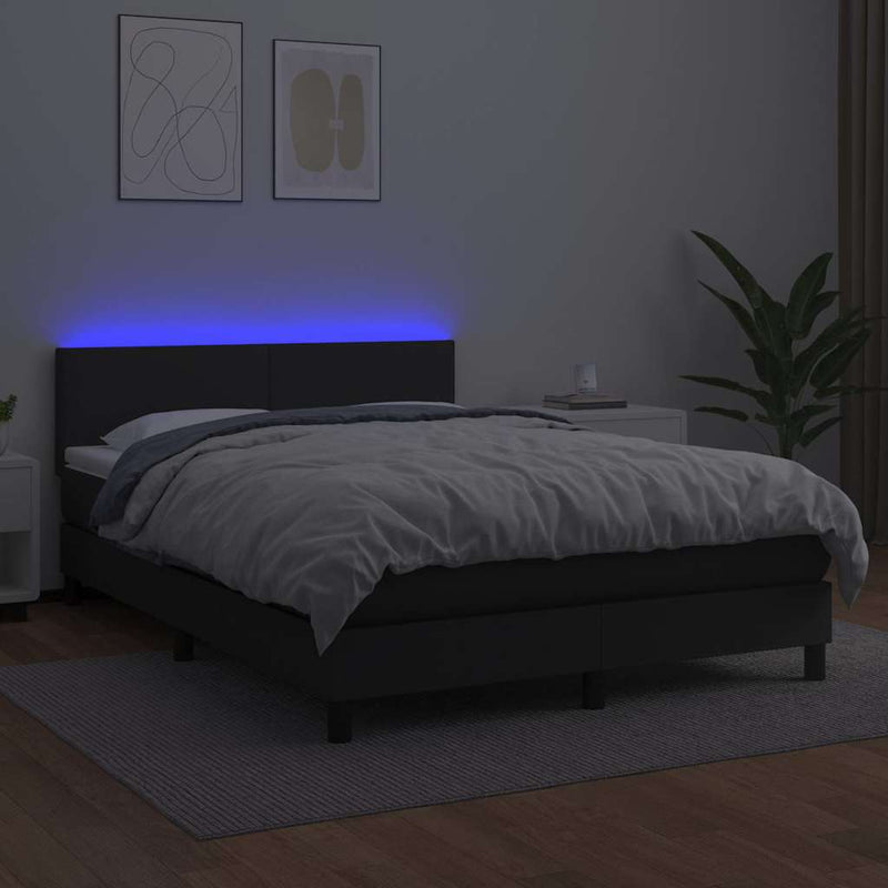 Pat continental cu saltea & LED, negru, 140x190 cm, piele eco