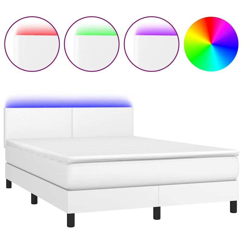 Pat cu arcuri, cu saltea & LED, alb, 140x190 cm, piele eco