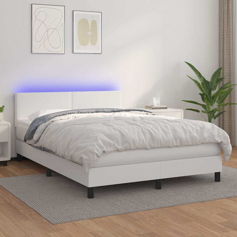 Pat cu arcuri, cu saltea & LED, alb, 140x190 cm, piele eco