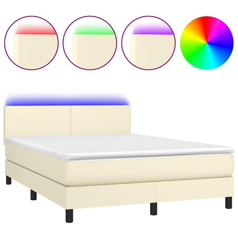 Pat cu arcuri, cu saltea & LED, crem, 140x190 cm, piele eco