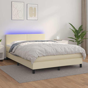 Pat cu arcuri, cu saltea & LED, crem, 140x190 cm, piele eco