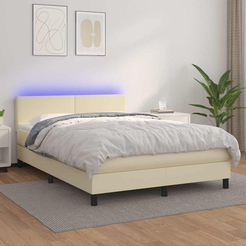 Pat cu arcuri, cu saltea & LED, crem, 140x190 cm, piele eco