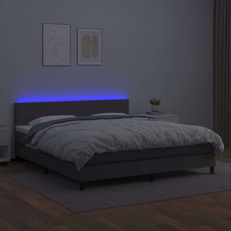 Pat cu arcuri, saltea și LED, gri, 160x200 cm, piele ecologică