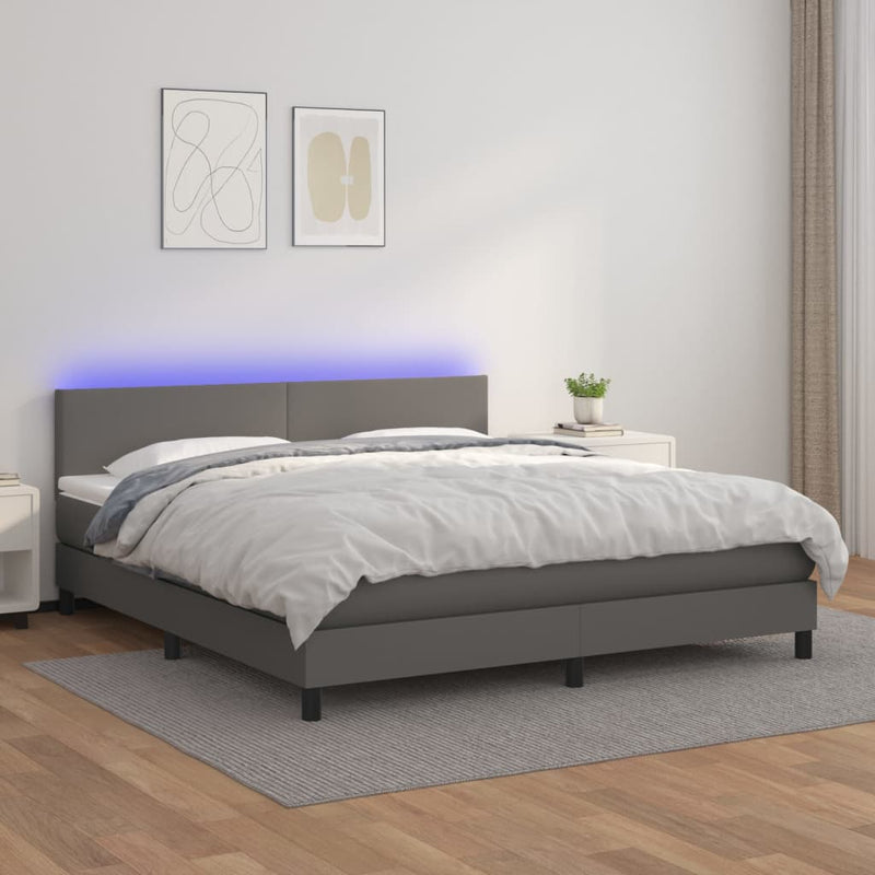 Pat cu arcuri, saltea și LED, gri, 160x200 cm, piele ecologică