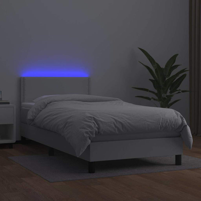 Pat cu arcuri, saltea și LED, alb, 100x200 cm, piele ecologică