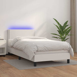 Pat cu arcuri, saltea și LED, alb, 100x200 cm, piele ecologică