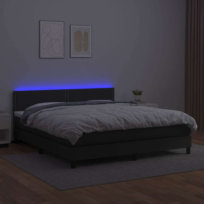 Pat cu arcuri, saltea și LED, negru, 180x200cm, piele ecologică