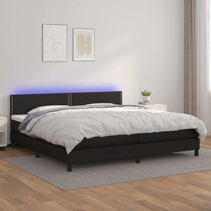Pat cu arcuri, saltea și LED, negru, 200x200cm, piele ecologică