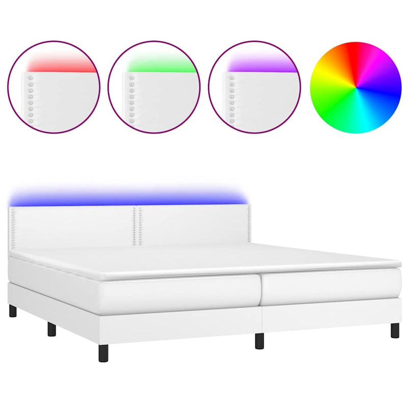 Pat cu arcuri, saltea și LED, alb, 200x200 cm, piele ecologică