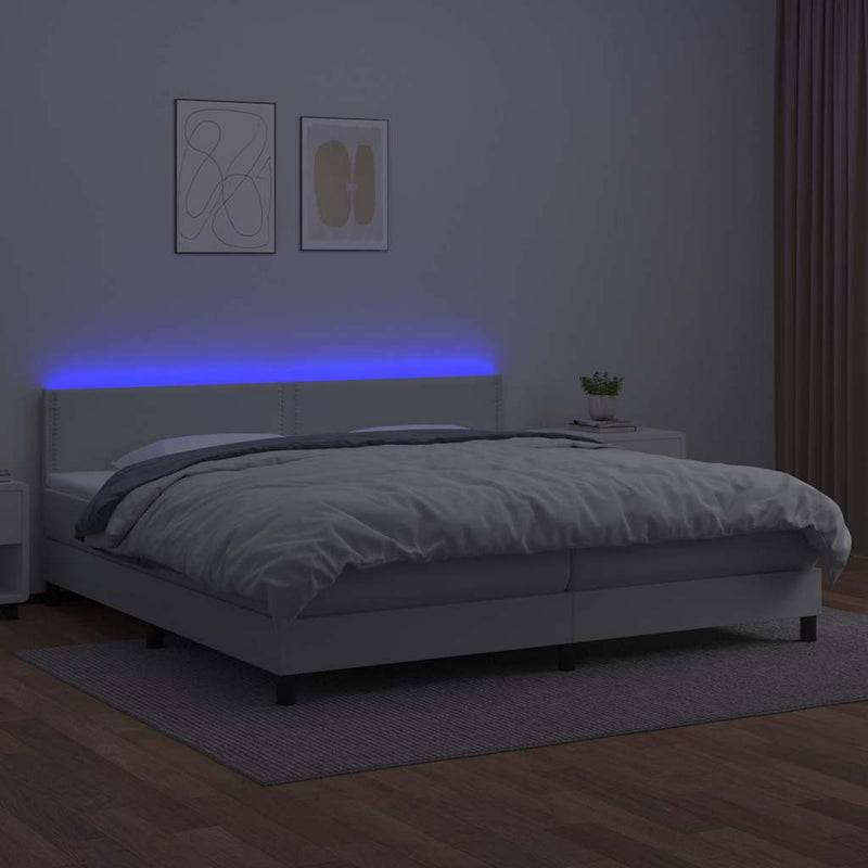 Pat cu arcuri, saltea și LED, alb, 200x200 cm, piele ecologică