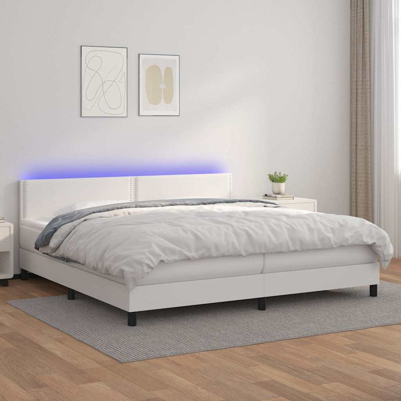 Pat cu arcuri, saltea și LED, alb, 200x200 cm, piele ecologică
