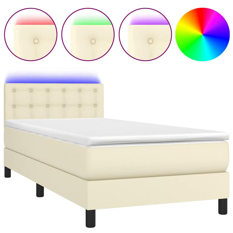 Pat cu arcuri, saltea și LED, crem, 90x190 cm, piele ecologică