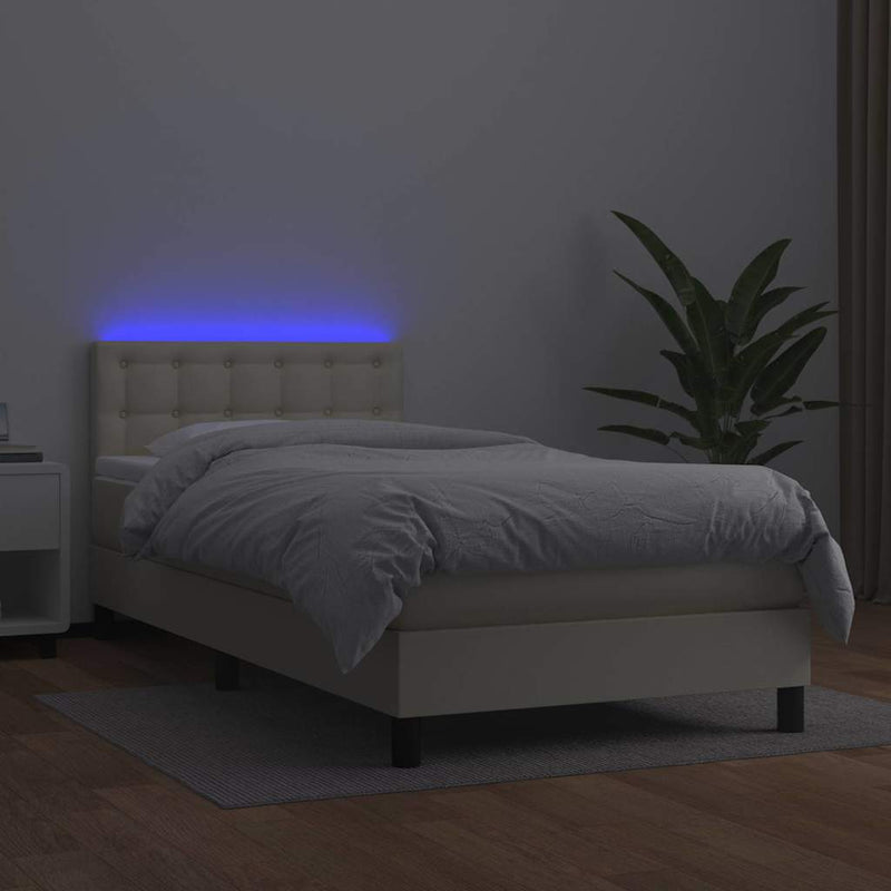 Pat cu arcuri, saltea și LED, crem, 90x190 cm, piele ecologică