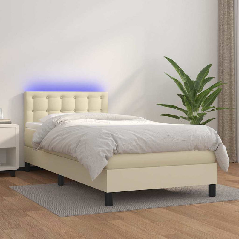 Pat cu arcuri, saltea și LED, crem, 90x190 cm, piele ecologică