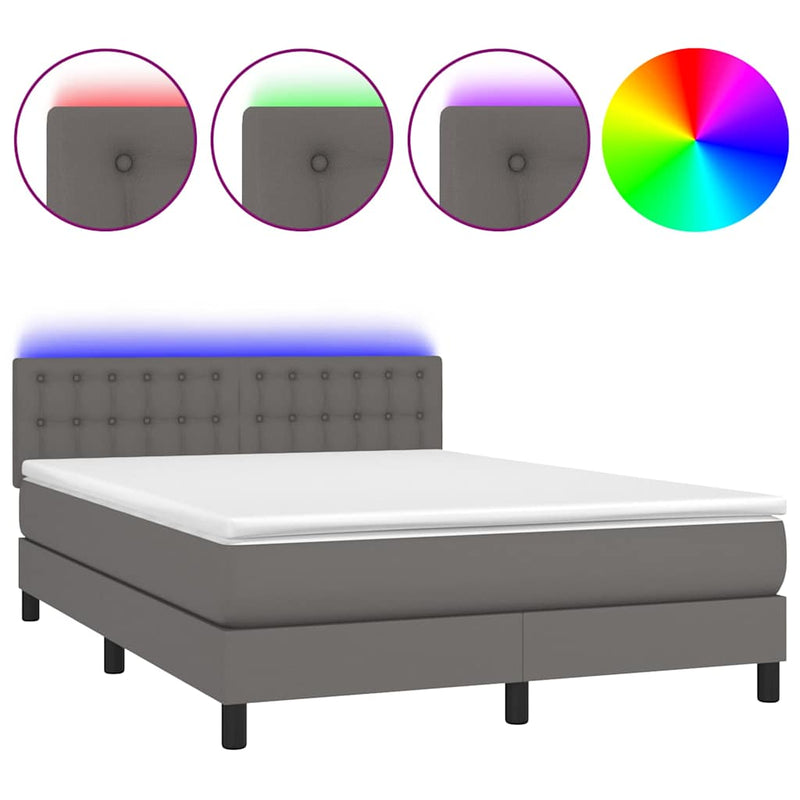 Pat cu arcuri, cu saltea & LED, gri, 140x190 cm, piele eco