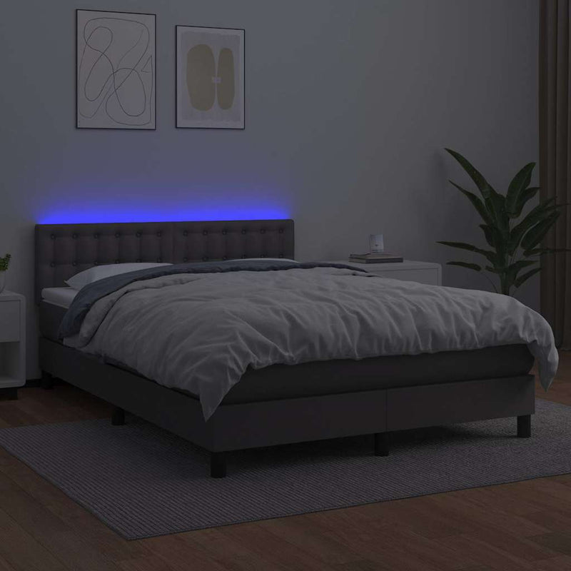 Pat cu arcuri, cu saltea & LED, gri, 140x190 cm, piele eco