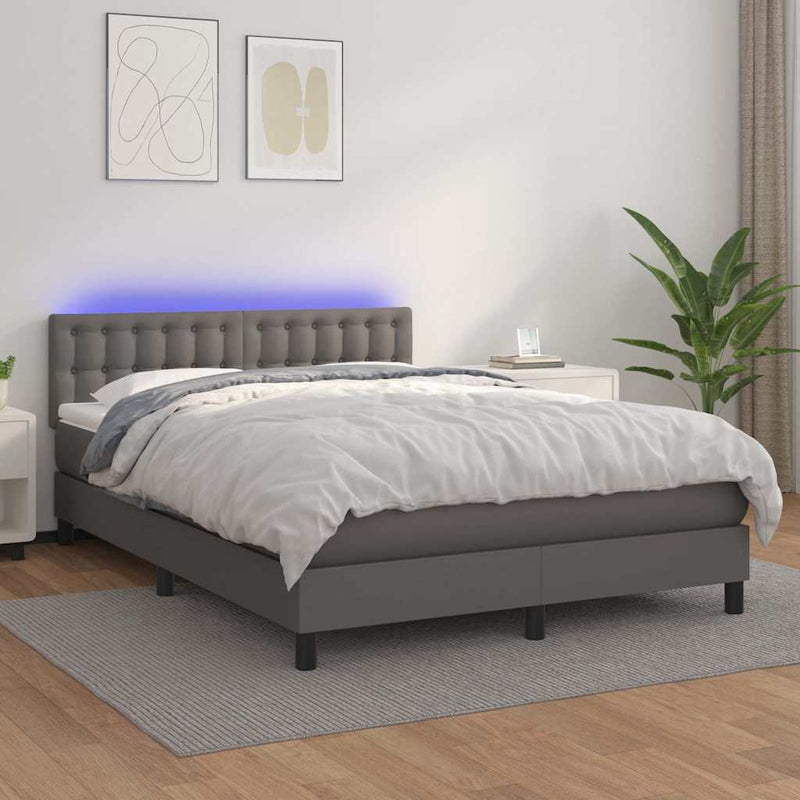 Pat cu arcuri, cu saltea & LED, gri, 140x190 cm, piele eco