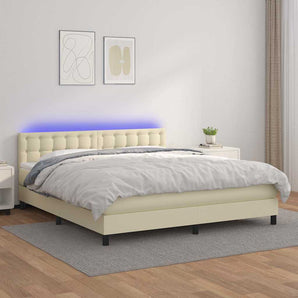 Pat cu arcuri, saltea și LED, crem, 160x200 cm, piele ecologică
