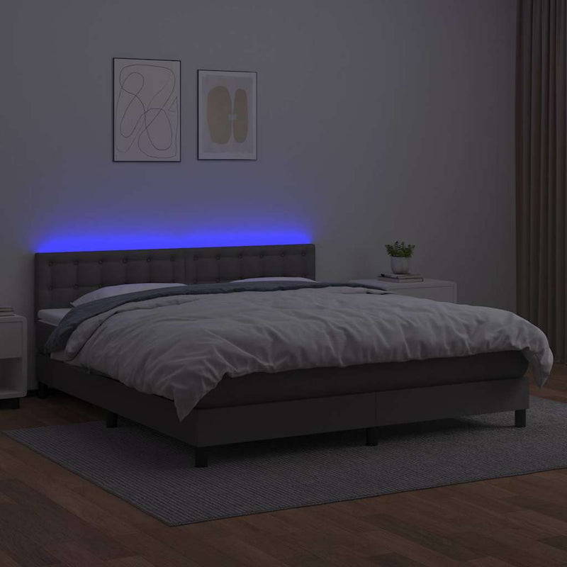 Pat cu arcuri, saltea și LED, gri, 160x200 cm, piele ecologică