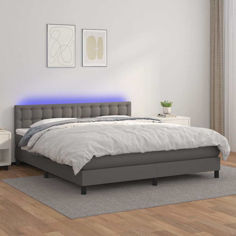 Pat cu arcuri, saltea și LED, gri, 160x200 cm, piele ecologică