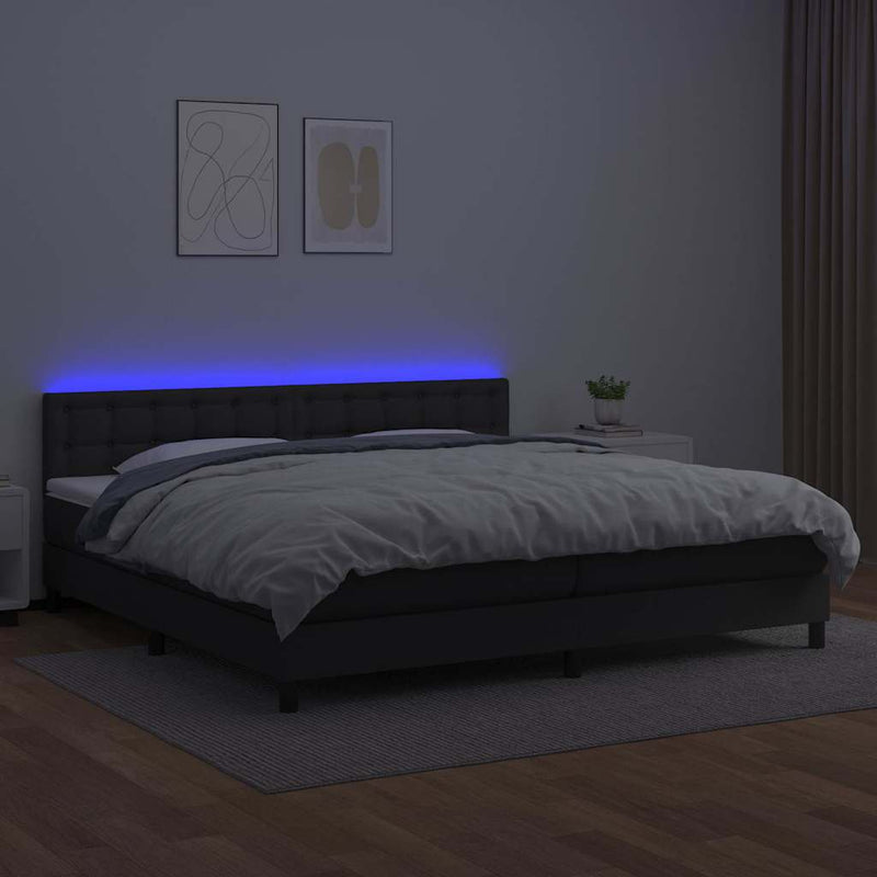Pat cu arcuri, saltea și LED, negru, 200x200cm, piele ecologică