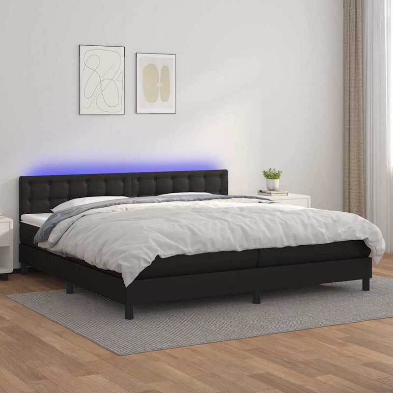 Pat cu arcuri, saltea și LED, negru, 200x200cm, piele ecologică