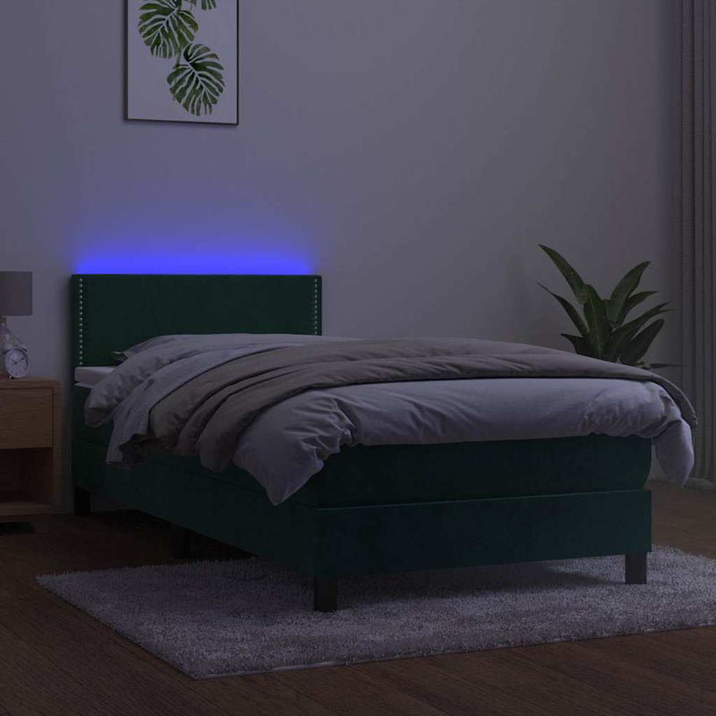 Pat cu arcuri, saltea și LED, verde închis, 100x200 cm, catifea