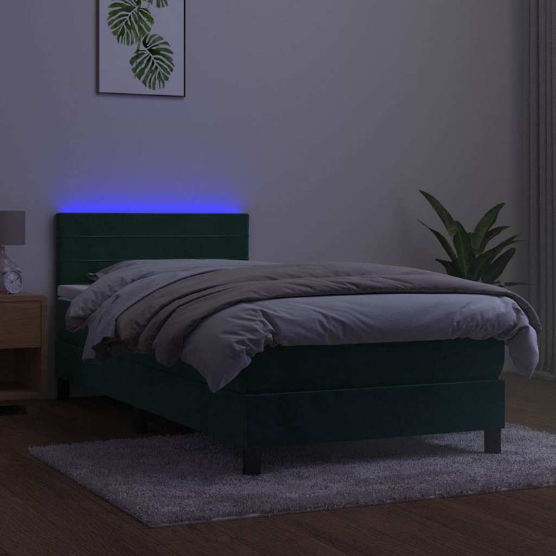 Pat cu arcuri, saltea și LED, verde închis, 100x200 cm, catifea