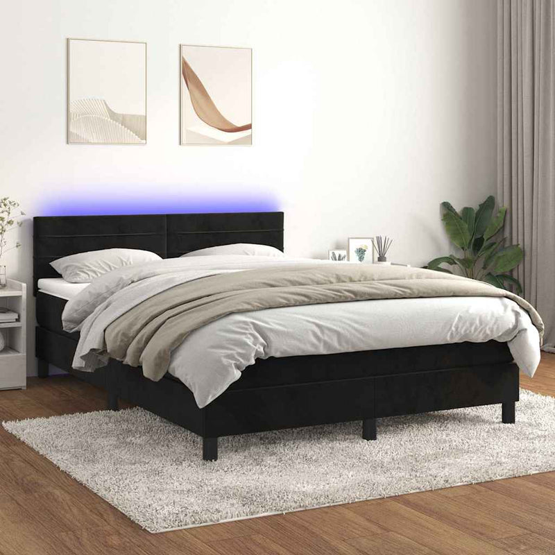 Pat cu arcuri, saltea și LED, negru, 140x190 cm, catifea