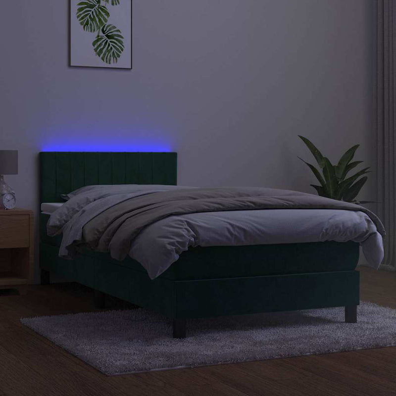 Pat cu arcuri, saltea și LED, verde închis, 100x200 cm, catifea