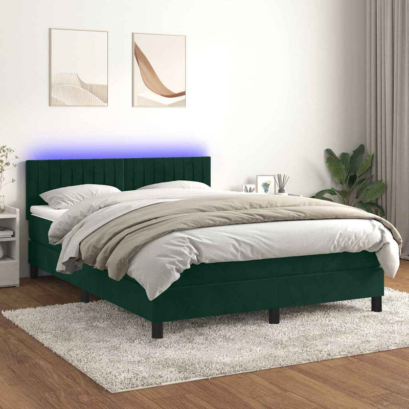 Pat cu arcuri, saltea și LED, verde închis, 140x190 cm, catifea