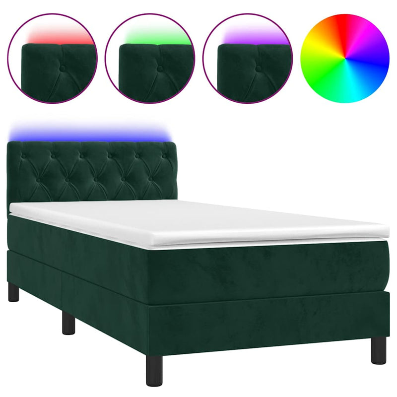 Pat continental cu saltea și LED verde închis 80x200 cm catifea