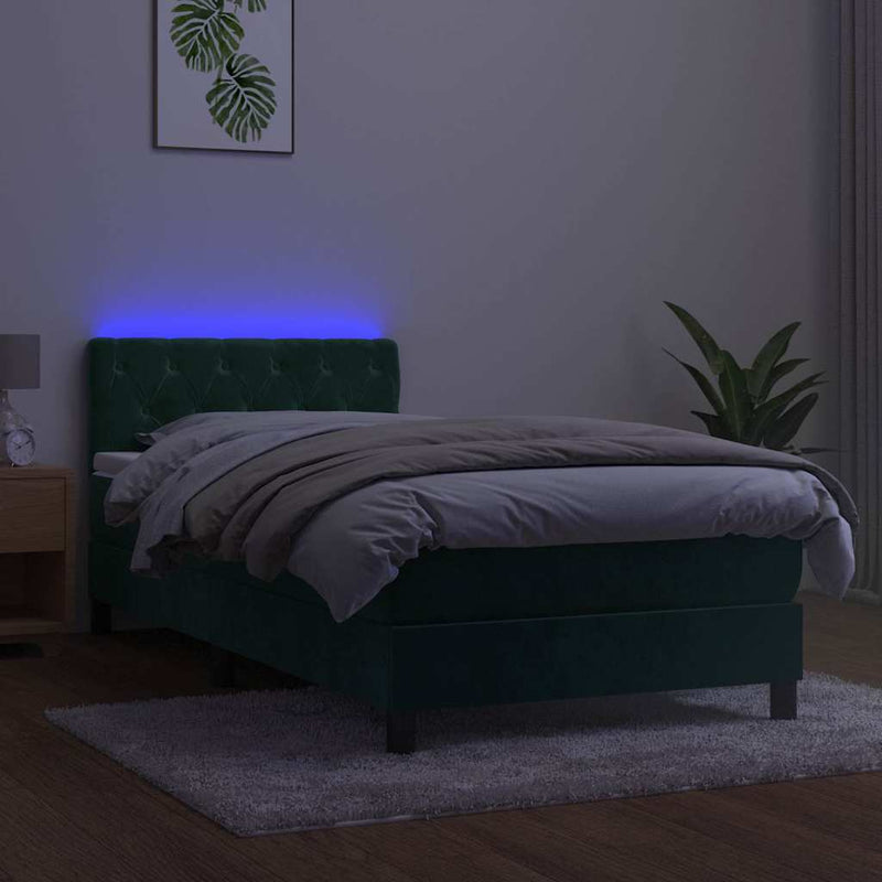Pat continental cu saltea și LED verde închis 80x200 cm catifea