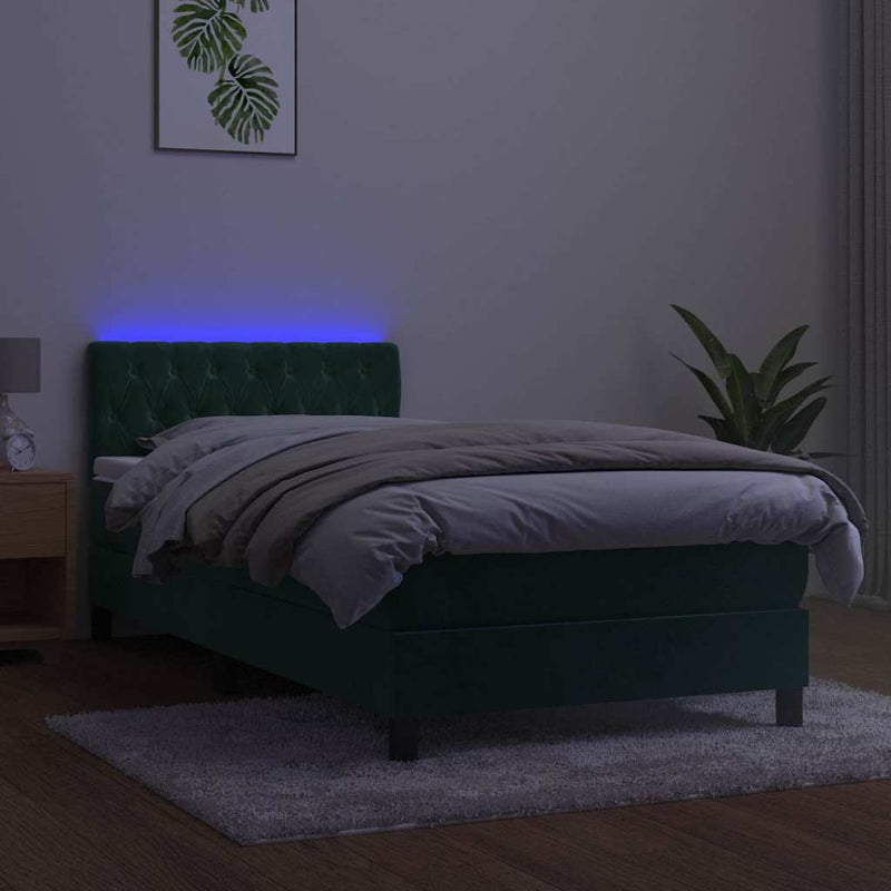 Pat cu arcuri, saltea și LED, verde, 90x200 cm, catifea