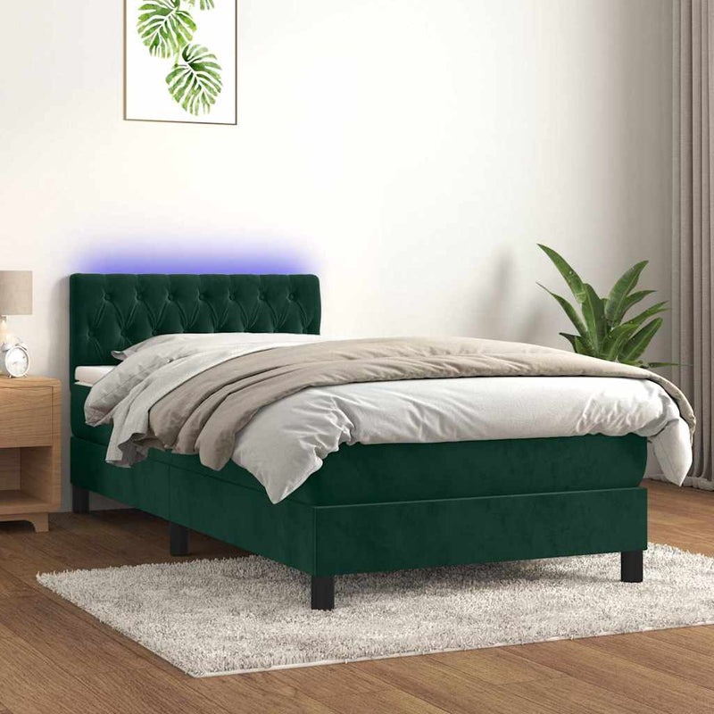 Pat cu arcuri, saltea și LED, verde, 90x200 cm, catifea