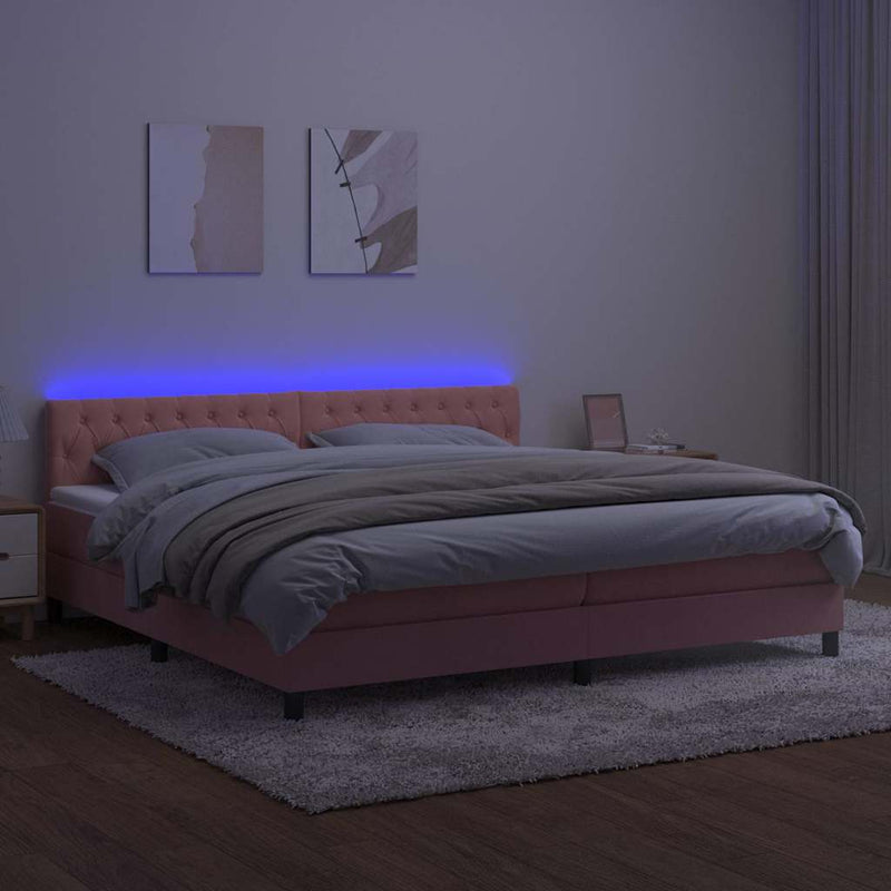Pat cu arcuri, saltea & LED, roz, 200x200 cm, catifea