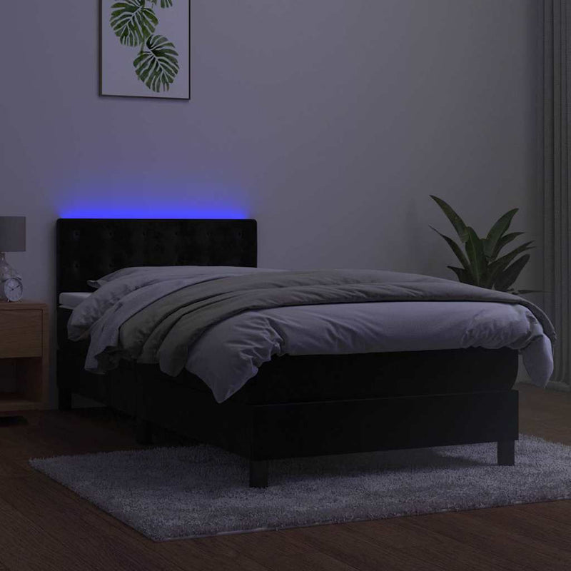 Pat continental cu saltea și LED, negru, 80x200 cm, catifea