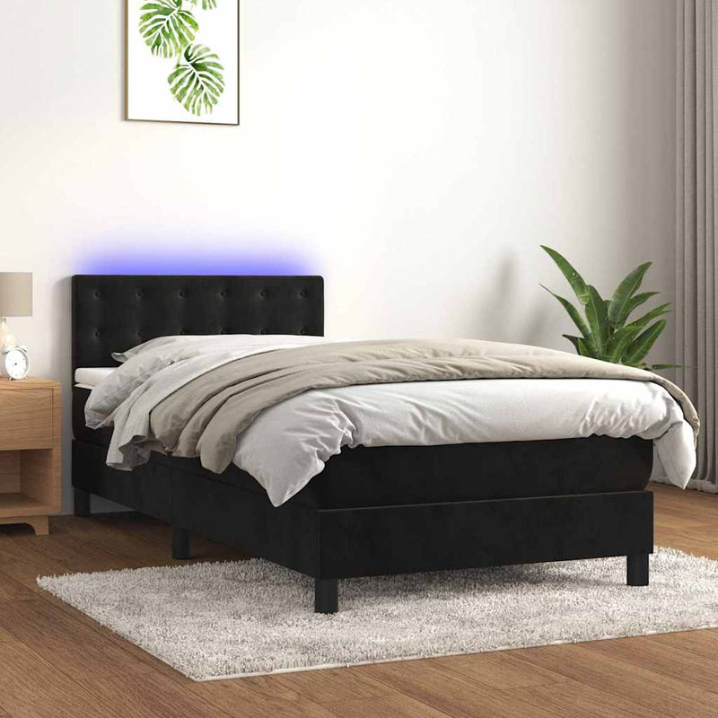 Pat continental cu saltea și LED, negru, 80x200 cm, catifea