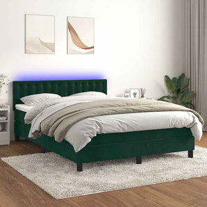 Pat cu arcuri, saltea și LED, verde închis, 140x190 cm, catifea