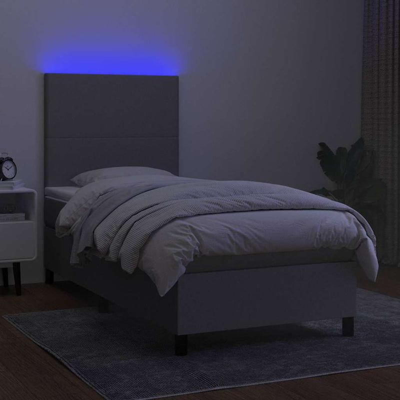 Pat cu arcuri, saltea și LED, gri deschis, 90x190 cm, textil