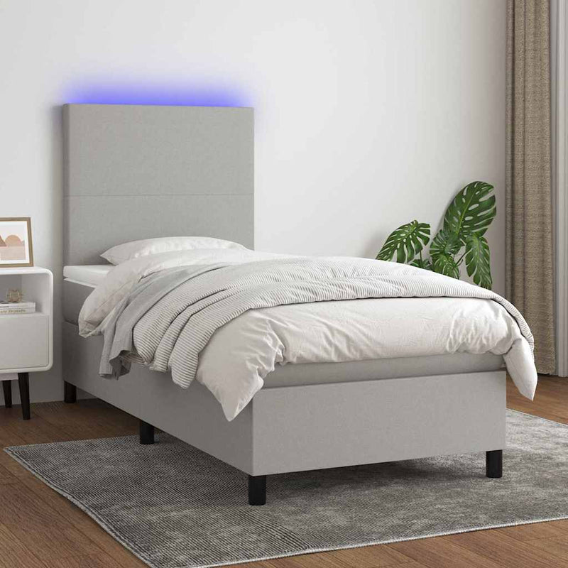 Pat cu arcuri, saltea și LED, gri deschis, 90x190 cm, textil