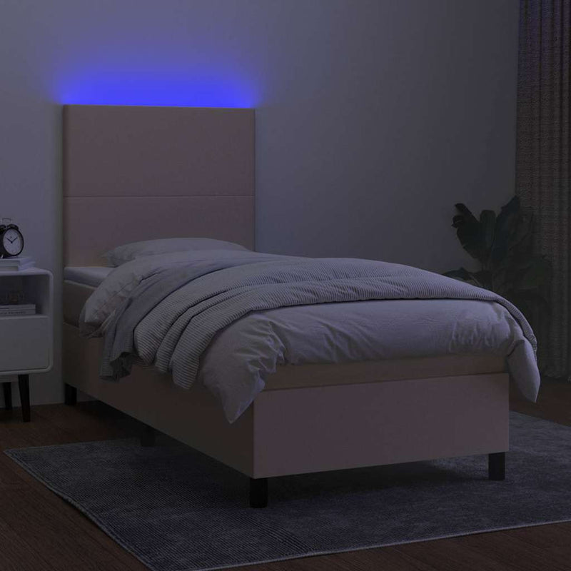 Pat cu arcuri, saltea și LED, crem, 90x190 cm, textil