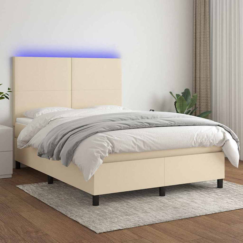 Pat cu arcuri, saltea și LED, crem, 140x190 cm, textil