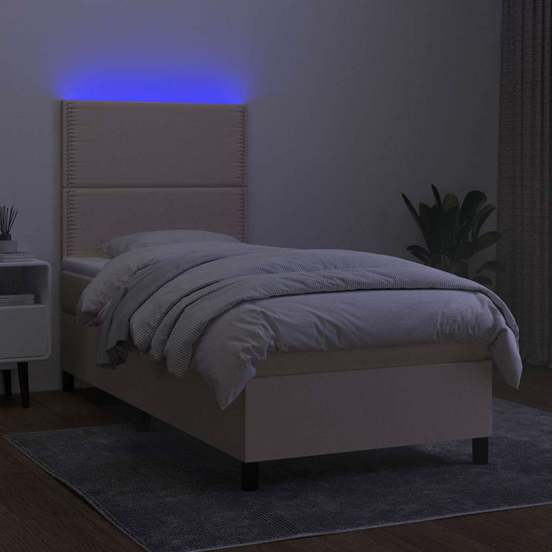 Pat cu arcuri, saltea și LED, crem, 100x200 cm, textil