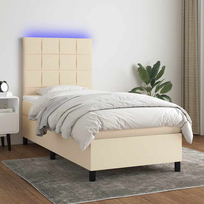 Pat cu arcuri, saltea și LED, crem, 90x190 cm, textil