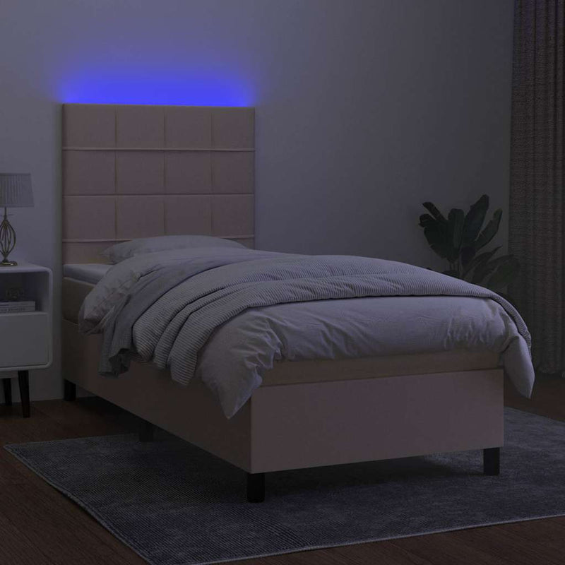 Pat cu arcuri, saltea și LED, crem, 90x200 cm, textil