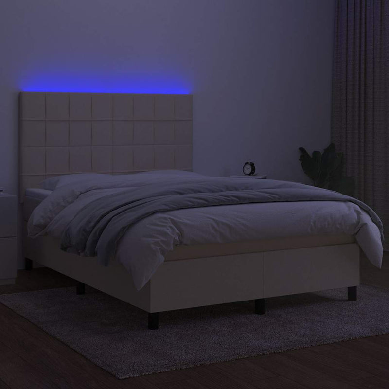 Pat cu arcuri, saltea și LED, crem, 140x200 cm, textil