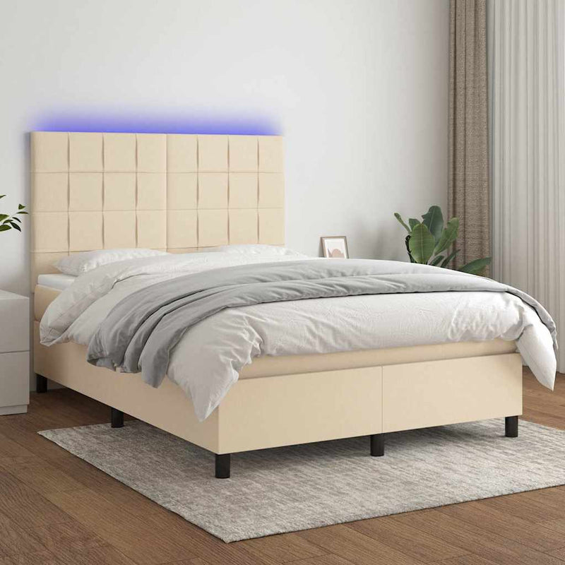 Pat cu arcuri, saltea și LED, crem, 140x200 cm, textil
